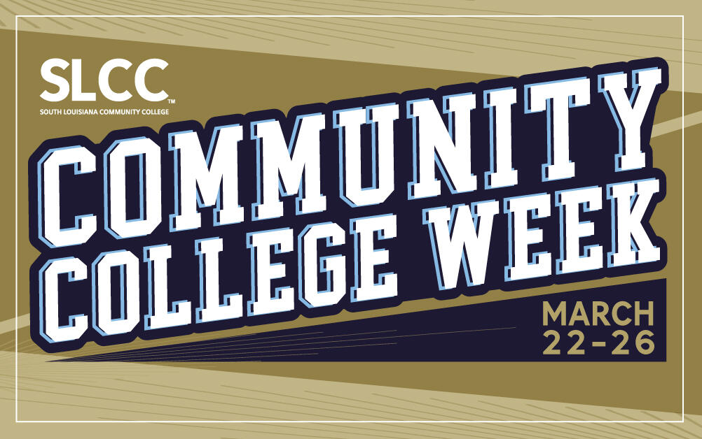 Gold, Navy, white block with words: Community College Week